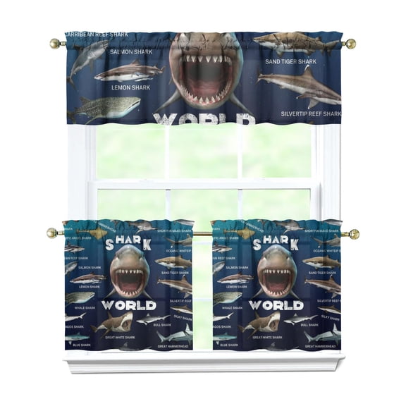 Kitchen Curtains 24 Inch Short - 3 Panel Set, Shark Whale Dolphin Ocean Theme, Rod Pocket Window Curtain, 100% Polyester for Nautical Farmhouse Kitchen, Easy Wash