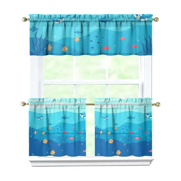 Kitchen Curtains 24 Inch Short - 3 Panel Set, Shark Whale Dolphin Ocean Theme, Rod Pocket Window Curtain, 100% Polyester for Nautical Farmhouse Kitchen, Easy Wash