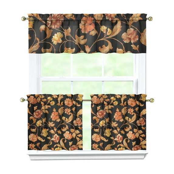 Kitchen Curtains 24 Inch Short - 3 Panel Set, Vintage Floral Butterfly Bee Botanical Print, Rod Pocket Window Curtain for Farmhouse, Modern Rustic, Spring Summer Decor, Easy Wash