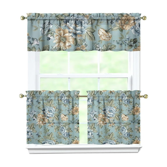 Kitchen Curtains 24 Inch Short - 3 Panel Set, Vintage Floral Butterfly Bee Botanical Print, Rod Pocket Window Curtain for Farmhouse, Modern Rustic, Spring Summer Decor, Easy Wash