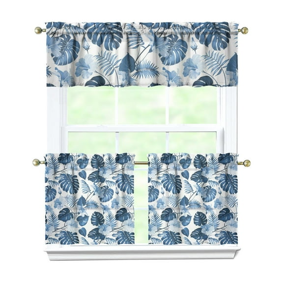 Kitchen Curtains 3 Piece Set with Tropical Flowers and Palm Leaves, 27.5x24 Inch Polyester Panels for Summer Style Home