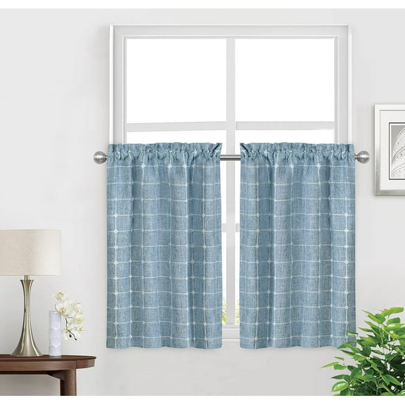 Kitchen Curtains 36 Inch Cafe Curtain Tiers, Light Filtering Linen Textured Short Curtains for Bathroom, Semi Sheer Farmhouse Small Window Curtain Rod Pocket 2 Panels (Light Blue)