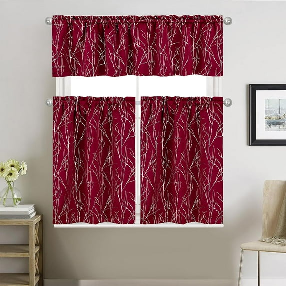 Kitchen Curtains 36 Inch Length Sets with Valance, 3 Piece Rod pocket Thermal Insulated Room Darkening Blackout Curtains For Kitchen, Bedroom And Bath Room(52X18+26X36 Inch, Burgundy Red,3 Pieces)