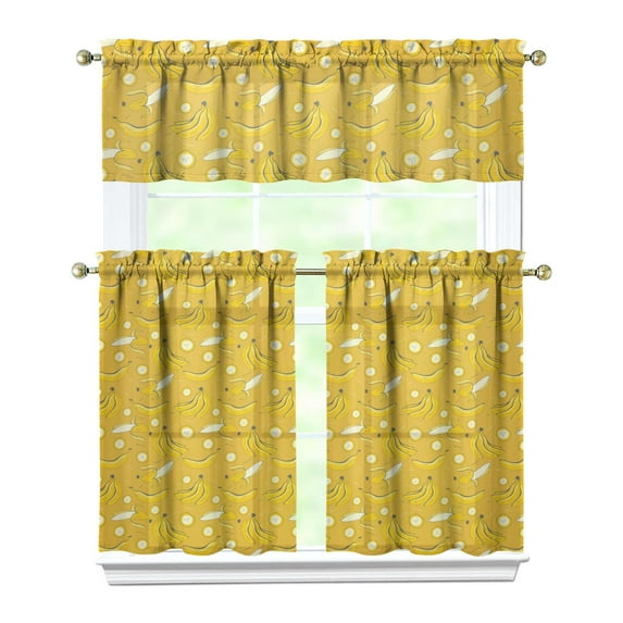 Kitchen Curtains 36 Inch Short - 3 Panel Set Banana Print, Rod Pocket Window Curtains 100% Polyester, Tropical Fruit Valance for Farmhouse, Cafe, Living Room, Bedroom, Easy Wash