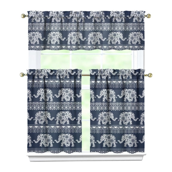 Kitchen Curtains 36 Inch Short - 3 Panel Set, Boho Elephant Mandala Print, Rod Pocket Window Curtain, 100% Polyester for Farmhouse, Retro Bohemian Kitchen, Easy Wash