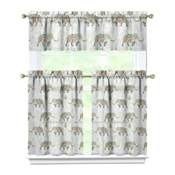 Kitchen Curtains 36 Inch Short - 3 Panel Set, Boho Elephant Mandala Print, Rod Pocket Window Curtain, 100% Polyester for Farmhouse, Retro Bohemian Kitchen, Easy Wash