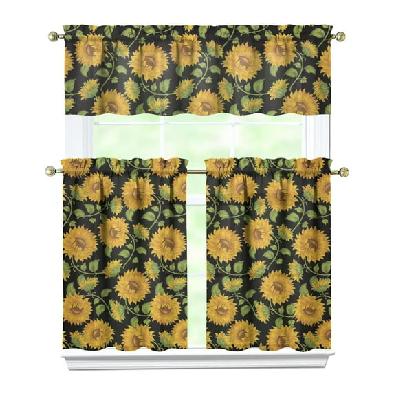 Kitchen Curtains 36 Inch Short - 3 Panel Set, Boho Sunflower Butterfly Floral Print, Rod Pocket Window Curtain for Rustic Farmhouse, Country Vintage Summer Decor, Easy Wash