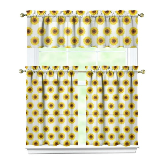 Kitchen Curtains 36 Inch Short - 3 Panel Set, Boho Sunflower Butterfly Floral Print, Rod Pocket Window Curtain for Rustic Farmhouse, Country Vintage Summer Decor, Easy Wash