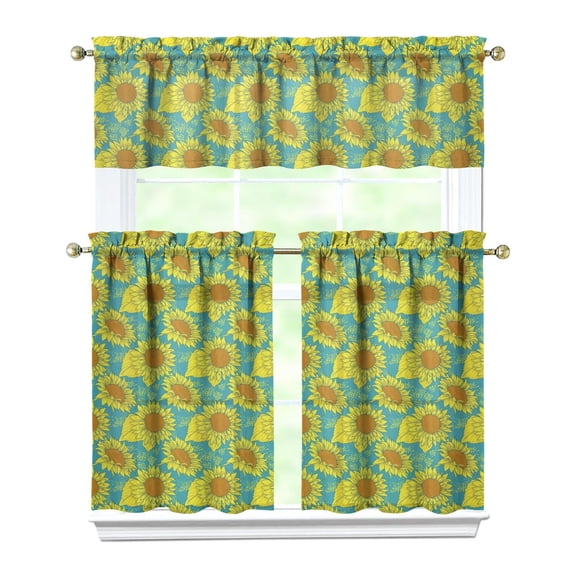 Kitchen Curtains 36 Inch Short - 3 Panel Set, Boho Sunflower Butterfly Floral Print, Rod Pocket Window Curtain for Rustic Farmhouse, Country Vintage Summer Decor, Easy Wash