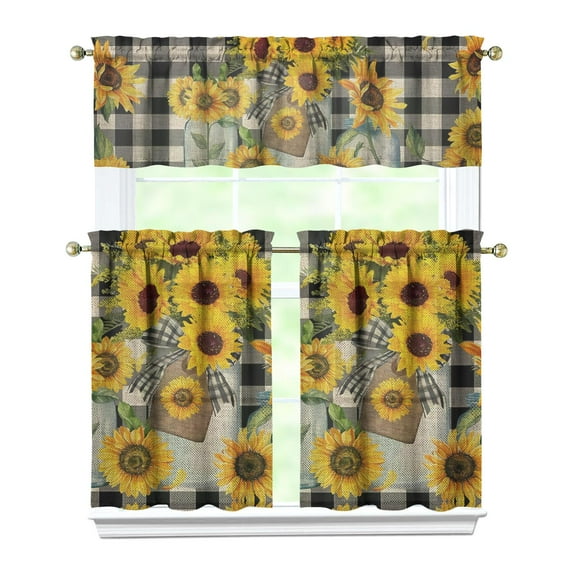 Kitchen Curtains 36 Inch Short - 3 Panel Set, Boho Sunflower Butterfly Floral Print, Rod Pocket Window Curtain for Rustic Farmhouse, Country Vintage Summer Decor, Easy Wash