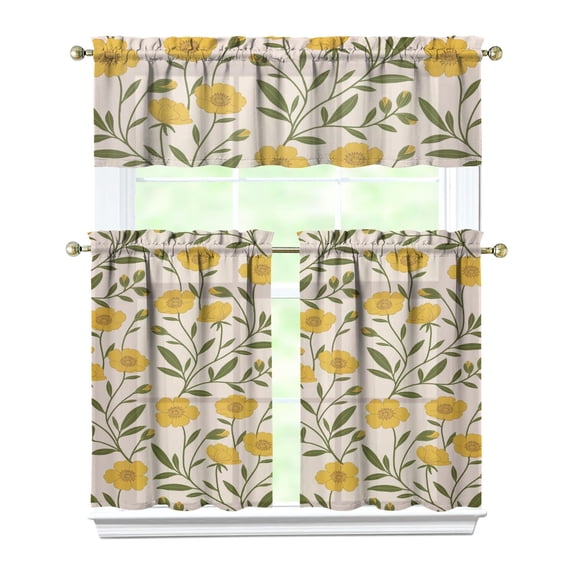 Kitchen Curtains 36 Inch Short - 3 Panel Set, Boho Sunflower Butterfly Floral Print, Rod Pocket Window Curtain for Rustic Farmhouse, Country Vintage Summer Decor, Easy Wash