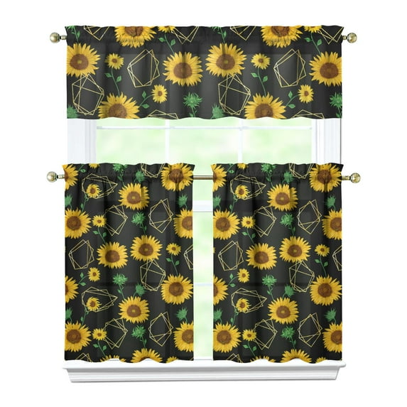 Kitchen Curtains 36 Inch Short - 3 Panel Set, Boho Sunflower Butterfly Floral Print, Rod Pocket Window Curtain for Rustic Farmhouse, Country Vintage Summer Decor, Easy Wash