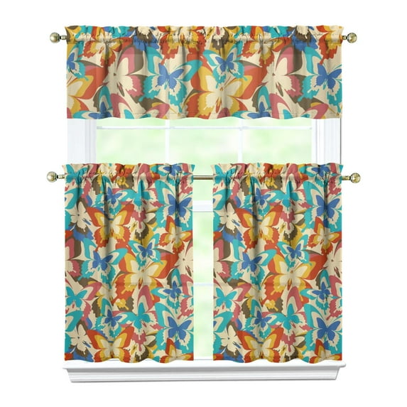 Kitchen Curtains 36 Inch Short - 3 Panel Set with Colorful Butterfly Floral Pattern, Rod Pocket Window Curtain, 100% Polyester for Butterfly Lovers, Farmhouse, Kitchen, Bedroom, Easy Wash