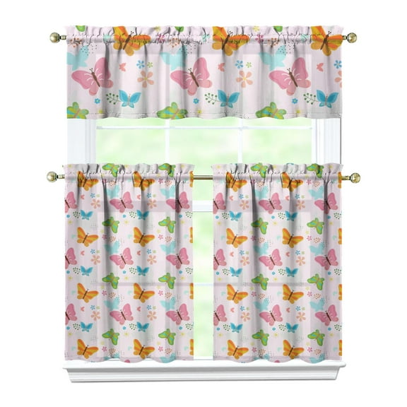 Kitchen Curtains 36 Inch Short - 3 Panel Set with Colorful Butterfly Floral Pattern, Rod Pocket Window Curtain, 100% Polyester for Butterfly Lovers, Farmhouse, Kitchen, Bedroom, Easy Wash