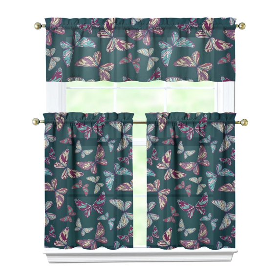 Kitchen Curtains 36 Inch Short - 3 Panel Set with Colorful Butterfly Floral Pattern, Rod Pocket Window Curtain, 100% Polyester for Butterfly Lovers, Farmhouse, Kitchen, Bedroom, Easy Wash