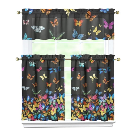 Kitchen Curtains 36 Inch Short - 3 Panel Set with Colorful Butterfly Floral Pattern, Rod Pocket Window Curtain, 100% Polyester for Butterfly Lovers, Farmhouse, Kitchen, Bedroom, Easy Wash