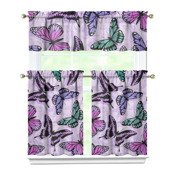Kitchen Curtains 36 Inch Short - 3 Panel Set with Colorful Butterfly Floral Pattern, Rod Pocket Window Curtain, 100% Polyester for Butterfly Lovers, Farmhouse, Kitchen, Bedroom, Easy Wash