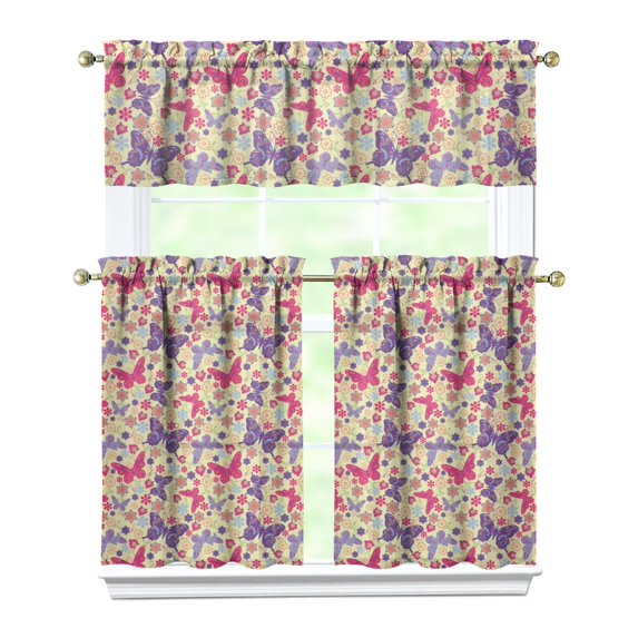 Kitchen Curtains 36 Inch Short - 3 Panel Set with Colorful Butterfly Floral Pattern, Rod Pocket Window Curtain, 100% Polyester for Butterfly Lovers, Farmhouse, Kitchen, Bedroom, Easy Wash