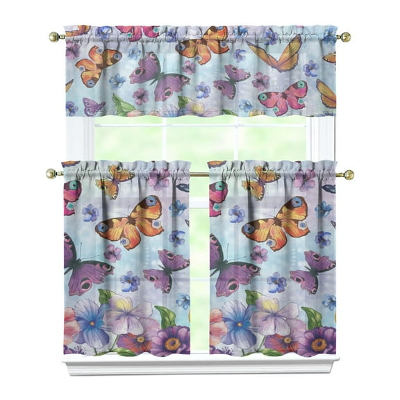 Kitchen Curtains 36 Inch Short - 3 Panel Set with Colorful Butterfly Floral Pattern, Rod Pocket Window Curtain, 100% Polyester for Butterfly Lovers, Farmhouse, Kitchen, Bedroom, Easy Wash