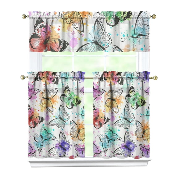 Kitchen Curtains 36 Inch Short - 3 Panel Set with Colorful Butterfly Floral Pattern, Rod Pocket Window Curtain, 100% Polyester for Butterfly Lovers, Farmhouse, Kitchen, Bedroom, Easy Wash