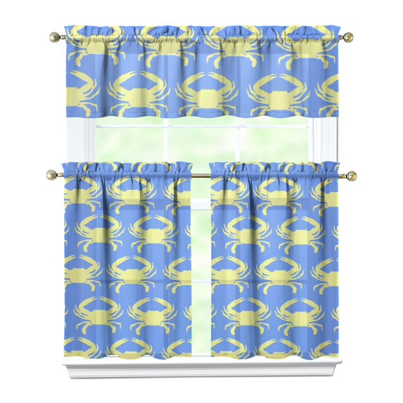 Kitchen Curtains 36 Inch Short - 3 Panel Set, Crab Sea Life Theme, Rod Pocket Window Curtain, 100% Polyester for Tropical Farmhouse Kitchen, Nautical Decor, Easy Wash