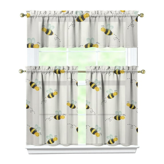 Kitchen Curtains 36 Inch Short - 3 Panel Set with Cute Bumble Bee and Honeycomb Print, Rod Pocket Window Curtain, 100% Polyester for Bee Lovers, Farmhouse, Kitchen, Living Room, Easy Wash