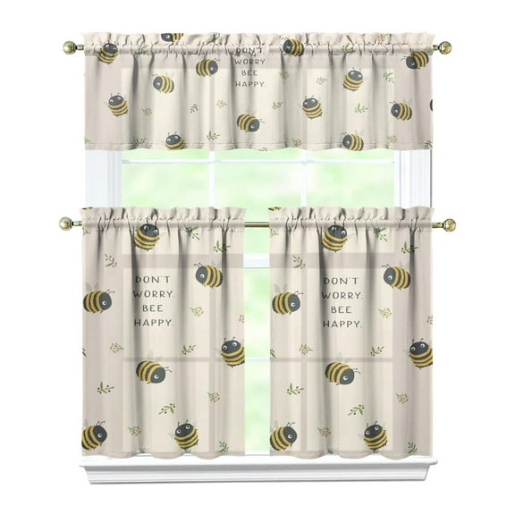 Kitchen Curtains 36 Inch Short - 3 Panel Set with Cute Bumble Bee and Honeycomb Print, Rod Pocket Window Curtain, 100% Polyester for Bee Lovers, Farmhouse, Kitchen, Living Room, Easy Wash