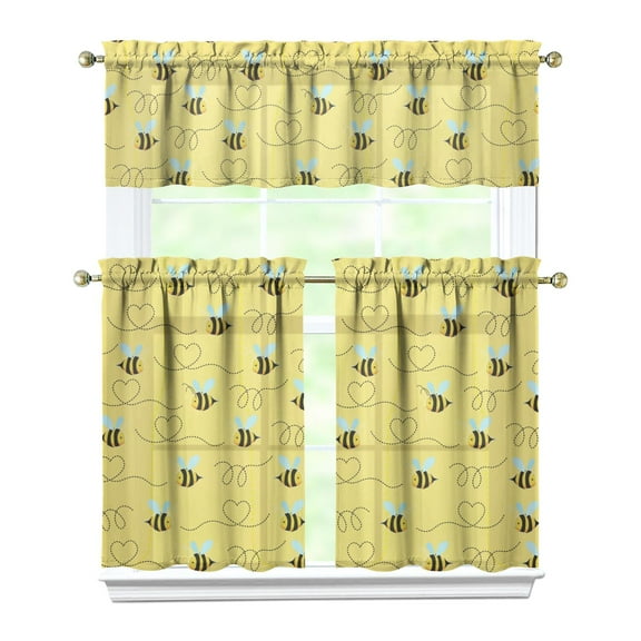 Kitchen Curtains 36 Inch Short - 3 Panel Set with Cute Bumble Bee and Honeycomb Print, Rod Pocket Window Curtain, 100% Polyester for Bee Lovers, Farmhouse, Kitchen, Living Room, Easy Wash