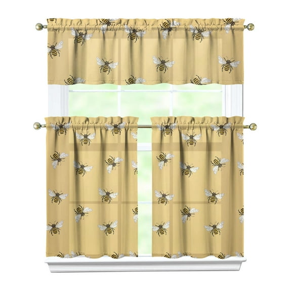 Kitchen Curtains 36 Inch Short - 3 Panel Set with Cute Bumble Bee and Honeycomb Print, Rod Pocket Window Curtain, 100% Polyester for Bee Lovers, Farmhouse, Kitchen, Living Room, Easy Wash