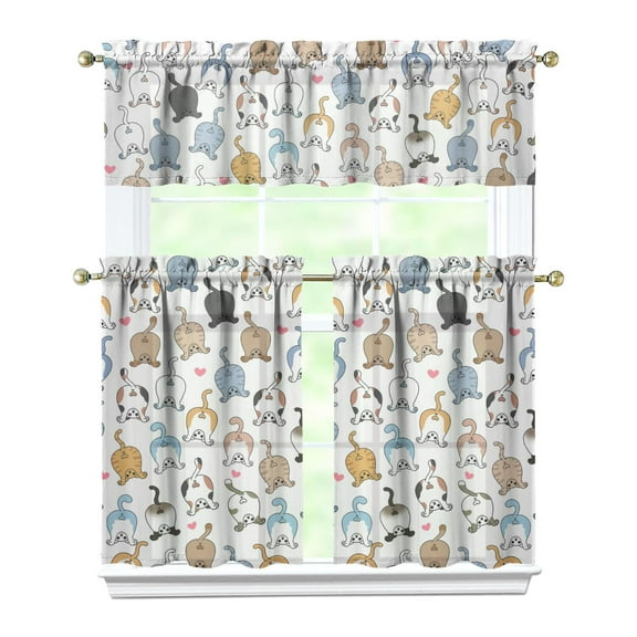 Kitchen Curtains 36 Inch Short - 3 Panel Set with Cute Cat Paw Pattern, Rod Pocket Window Curtain, 100% Polyester for Pet Lovers Farmhouse, Cafe, Kitchen, Bedroom, Easy Wash