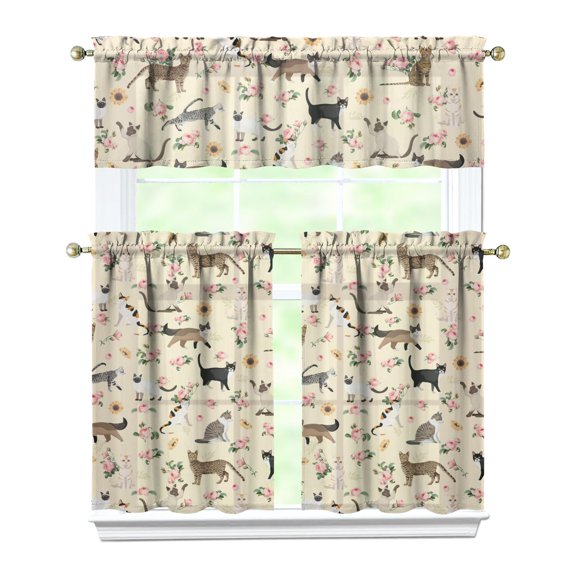 Kitchen Curtains 36 Inch Short - 3 Panel Set with Cute Cat Paw Pattern, Rod Pocket Window Curtain, 100% Polyester for Pet Lovers Farmhouse, Cafe, Kitchen, Bedroom, Easy Wash