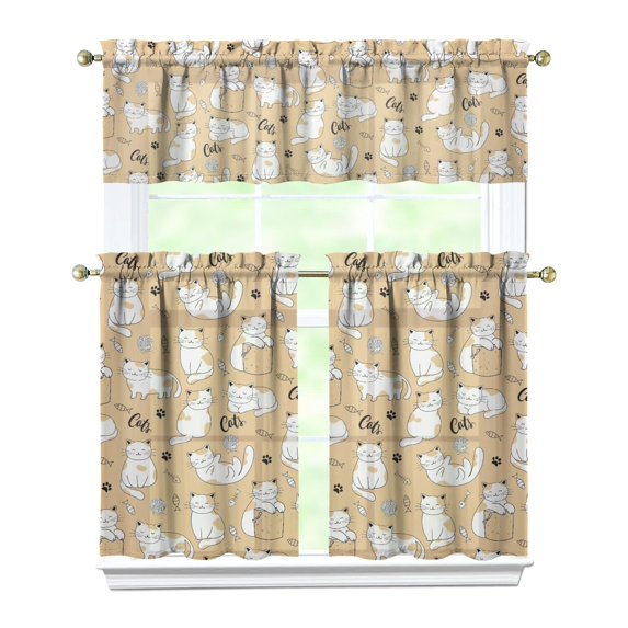 Kitchen Curtains 36 Inch Short - 3 Panel Set with Cute Cat Paw Pattern, Rod Pocket Window Curtain, 100% Polyester for Pet Lovers Farmhouse, Cafe, Kitchen, Bedroom, Easy Wash