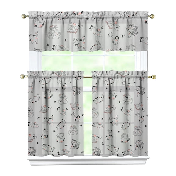 Kitchen Curtains 36 Inch Short - 3 Panel Set with Cute Cat Paw Pattern, Rod Pocket Window Curtain, 100% Polyester for Pet Lovers Farmhouse, Cafe, Kitchen, Bedroom, Easy Wash