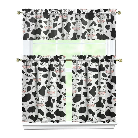 Kitchen Curtains 36 Inch Short - 3 Panel Set, Cute Cow Print Farmhouse Curtains, Rod Pocket, 100% Polyester for Rustic Farm, Kitchen, Cafe, Living Room, Easy Wash