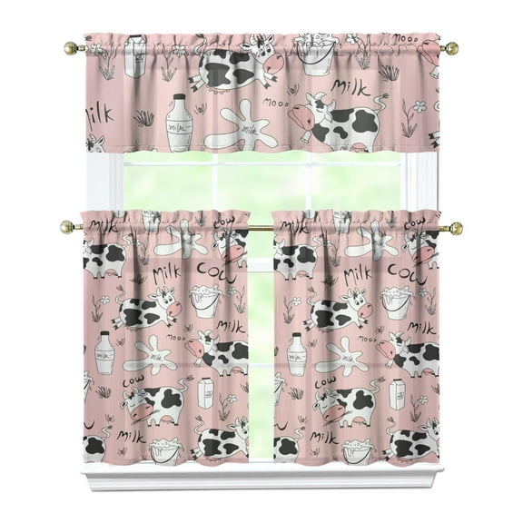 Kitchen Curtains 36 Inch Short - 3 Panel Set, Cute Cow Print Farmhouse Curtains, Rod Pocket, 100% Polyester for Rustic Farm, Kitchen, Cafe, Living Room, Easy Wash