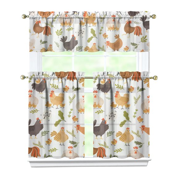 Kitchen Curtains 36 Inch Short - 3 Panel Set with Cute Farmhouse Egg & Chicken Print, Rod Pocket Window Curtain, 100% Polyester for Rustic Coop, Farm Kitchen, Easy Wash