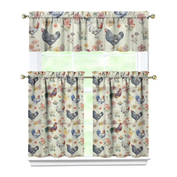 Kitchen Curtains 36 Inch Short - 3 Panel Set with Cute Farmhouse Egg & Chicken Print, Rod Pocket Window Curtain, 100% Polyester for Rustic Coop, Farm Kitchen, Easy Wash