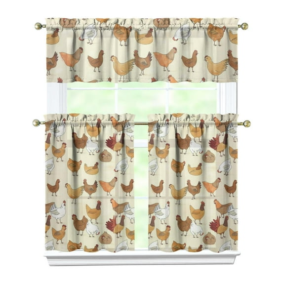 Kitchen Curtains 36 Inch Short - 3 Panel Set with Cute Farmhouse Egg & Chicken Print, Rod Pocket Window Curtain, 100% Polyester for Rustic Coop, Farm Kitchen, Easy Wash