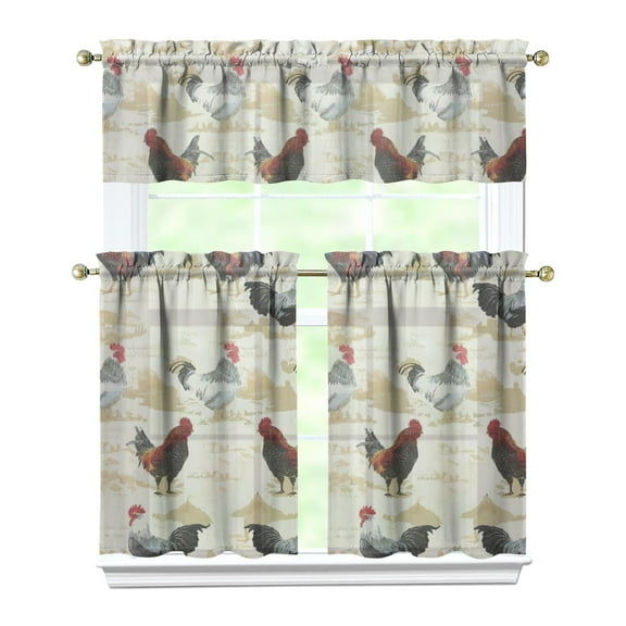 Kitchen Curtains 36 Inch Short - 3 Panel Set with Cute Farmhouse Egg & Chicken Print, Rod Pocket Window Curtain, 100% Polyester for Rustic Coop, Farm Kitchen, Easy Wash