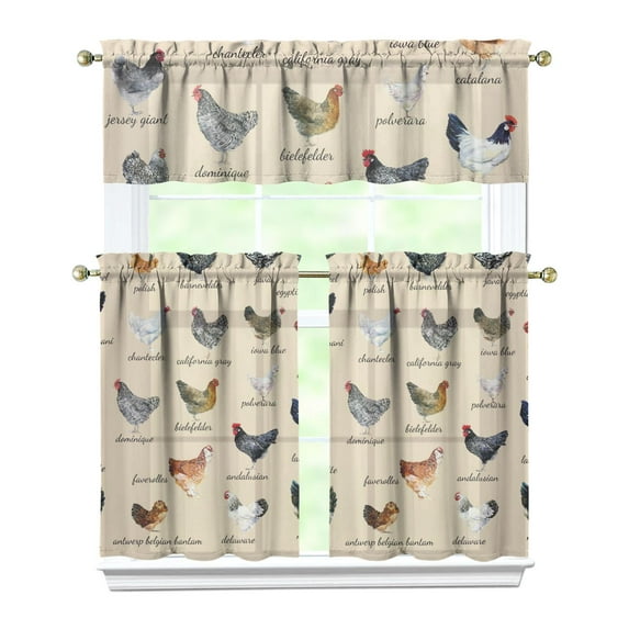 Kitchen Curtains 36 Inch Short - 3 Panel Set with Cute Farmhouse Egg & Chicken Print, Rod Pocket Window Curtain, 100% Polyester for Rustic Coop, Farm Kitchen, Easy Wash