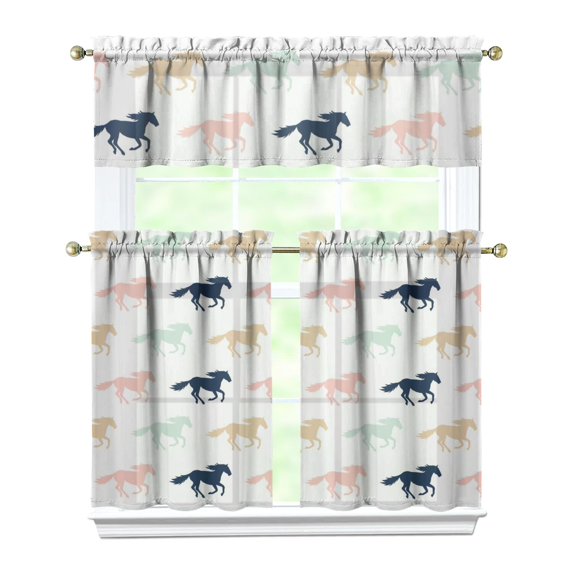 Kitchen Curtains 36 Inch Short - 3 Panel Set, Cute Horse Pony Print, Rod Pocket Window Curtain, 100% Polyester for Farmhouse, Retro Rural Kitchen, Easy Wash