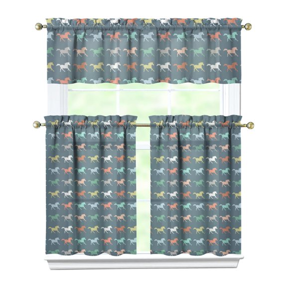 Kitchen Curtains 36 Inch Short - 3 Panel Set, Cute Horse Pony Print, Rod Pocket Window Curtain, 100% Polyester for Farmhouse, Retro Rural Kitchen, Easy Wash