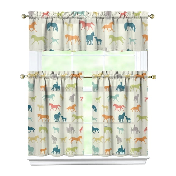Kitchen Curtains 36 Inch Short - 3 Panel Set, Cute Horse Pony Print, Rod Pocket Window Curtain, 100% Polyester for Farmhouse, Retro Rural Kitchen, Easy Wash