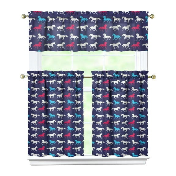Kitchen Curtains 36 Inch Short - 3 Panel Set, Cute Horse Pony Print, Rod Pocket Window Curtain, 100% Polyester for Farmhouse, Retro Rural Kitchen, Easy Wash