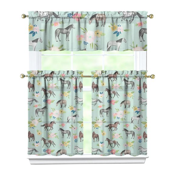 Kitchen Curtains 36 Inch Short - 3 Panel Set, Cute Horse Pony Print, Rod Pocket Window Curtain, 100% Polyester for Farmhouse, Retro Rural Kitchen, Easy Wash