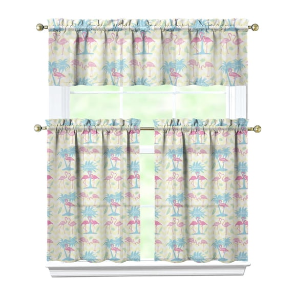 Kitchen Curtains 36 Inch Short - 3 Panel Set, Flamingo Tropical Bird Print, Rod Pocket Window Curtain, 100% Polyester for Hawaiian Summer Beach Decor, Easy Wash