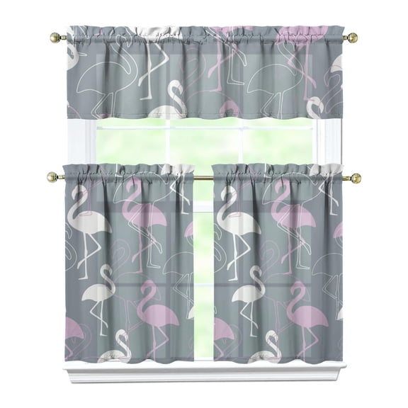 Kitchen Curtains 36 Inch Short - 3 Panel Set, Flamingo Tropical Bird Print, Rod Pocket Window Curtain, 100% Polyester for Hawaiian Summer Beach Decor, Easy Wash