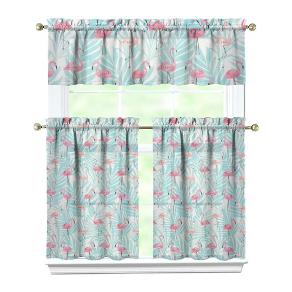 Kitchen Curtains 36 Inch Short - 3 Panel Set, Flamingo Tropical Bird Print, Rod Pocket Window Curtain, 100% Polyester for Hawaiian Summer Beach Decor, Easy Wash