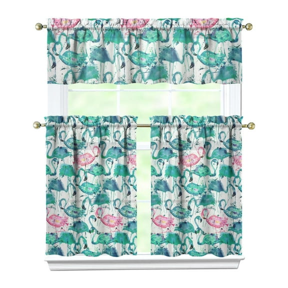 Kitchen Curtains 36 Inch Short - 3 Panel Set, Flamingo Tropical Bird Print, Rod Pocket Window Curtain, 100% Polyester for Hawaiian Summer Beach Decor, Easy Wash