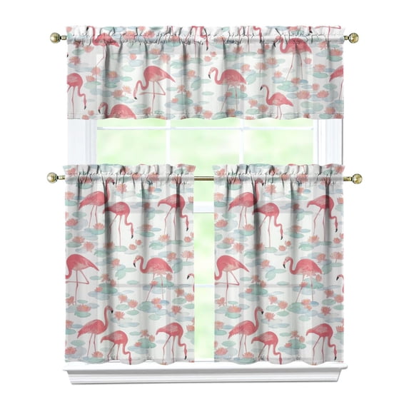 Kitchen Curtains 36 Inch Short - 3 Panel Set, Flamingo Tropical Bird Print, Rod Pocket Window Curtain, 100% Polyester for Hawaiian Summer Beach Decor, Easy Wash